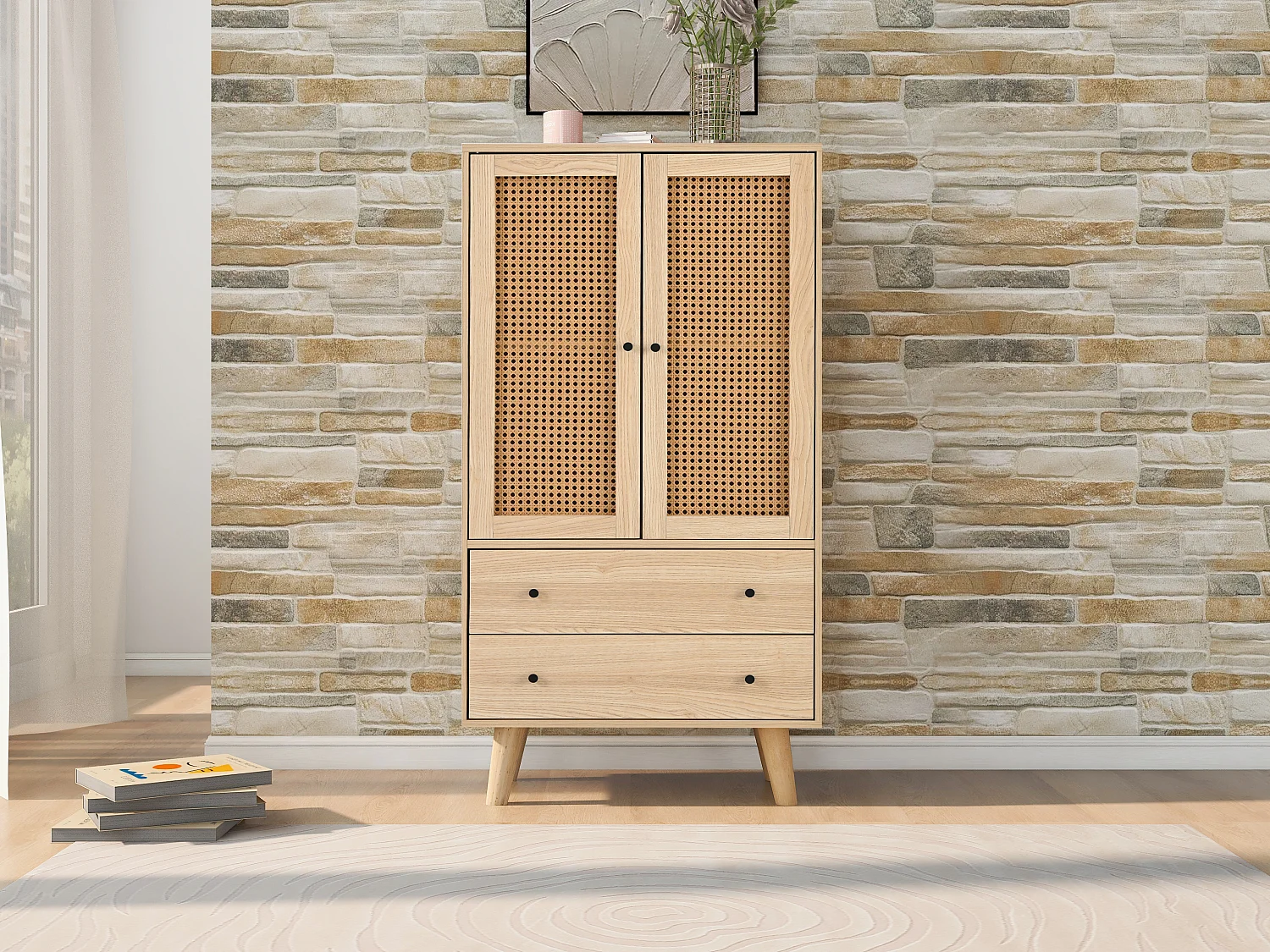 Buffet haut 60x120x40 cm avec porte et 2 tiroirs - Panneaux de particules - Naturel
