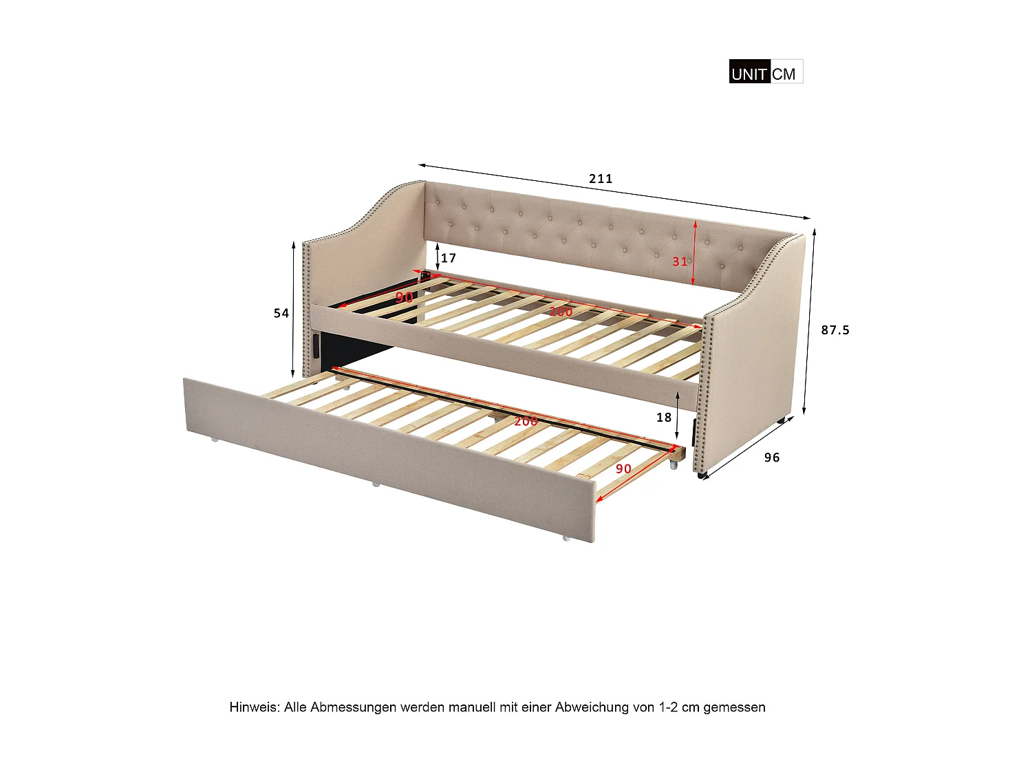 Lit banquette,  Lit capitonné 90x200 cm en Tissu Lin - Méridienne avec tiroirs - Beige