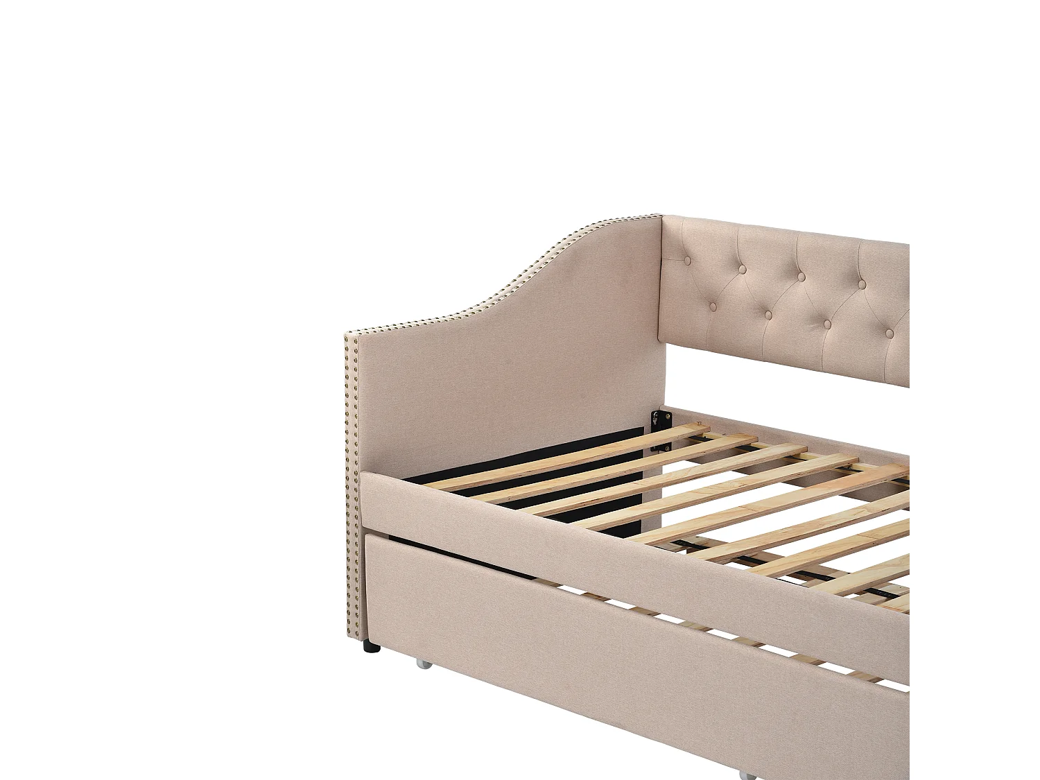 Lit banquette,  Lit capitonné 90x200 cm en Tissu Lin - Méridienne avec tiroirs - Beige