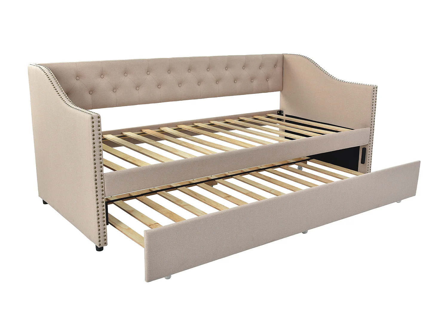 Lit banquette,  Lit capitonné 90x200 cm en Tissu Lin - Méridienne avec tiroirs - Beige