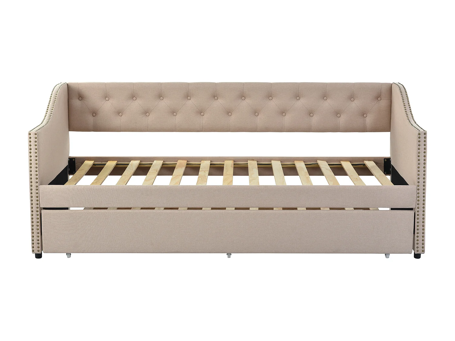 Lit banquette,  Lit capitonné 90x200 cm en Tissu Lin - Méridienne avec tiroirs - Beige
