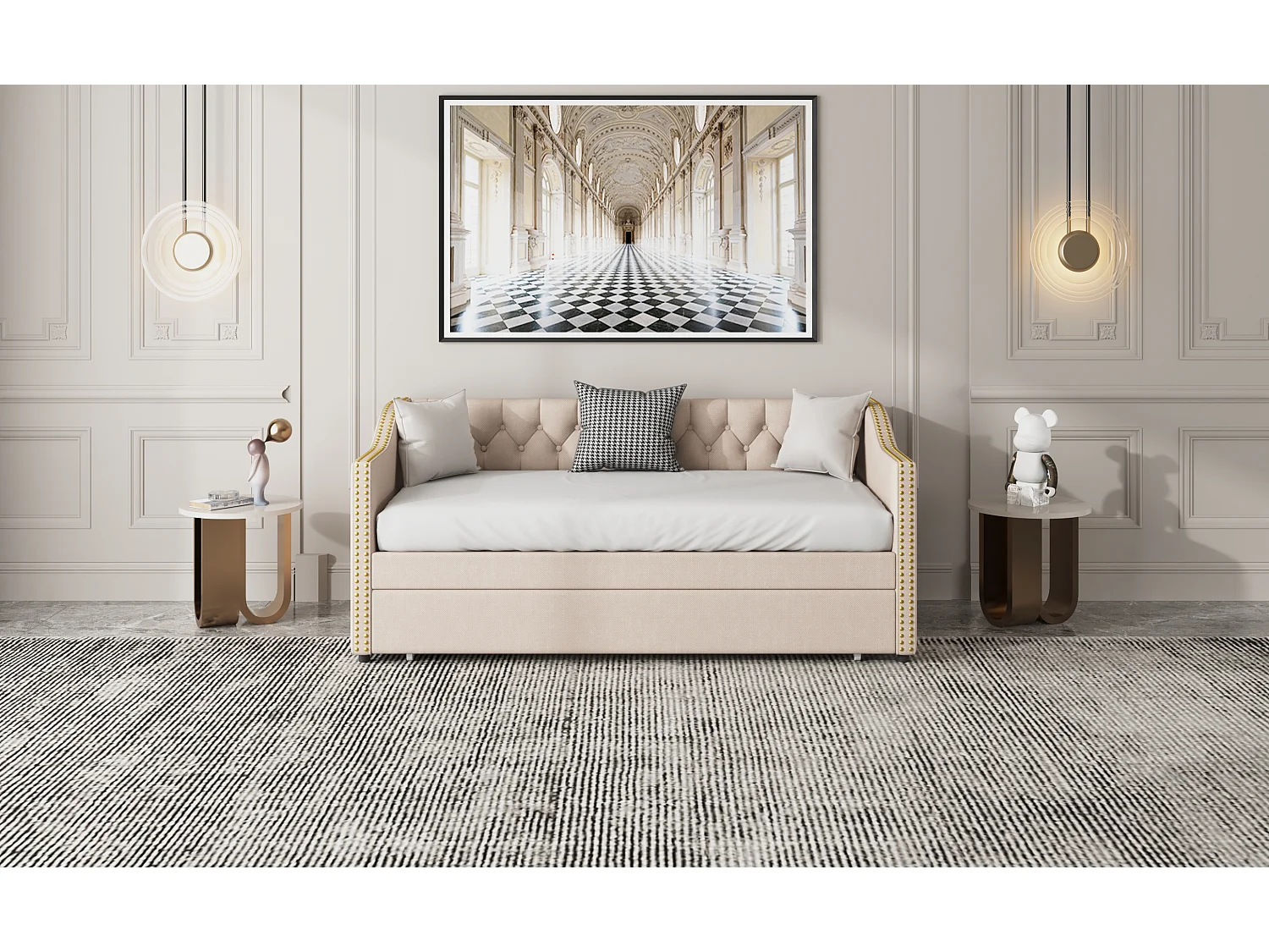 Lit banquette,  Lit capitonné 90x200 cm en Tissu Lin - Méridienne avec tiroirs - Beige