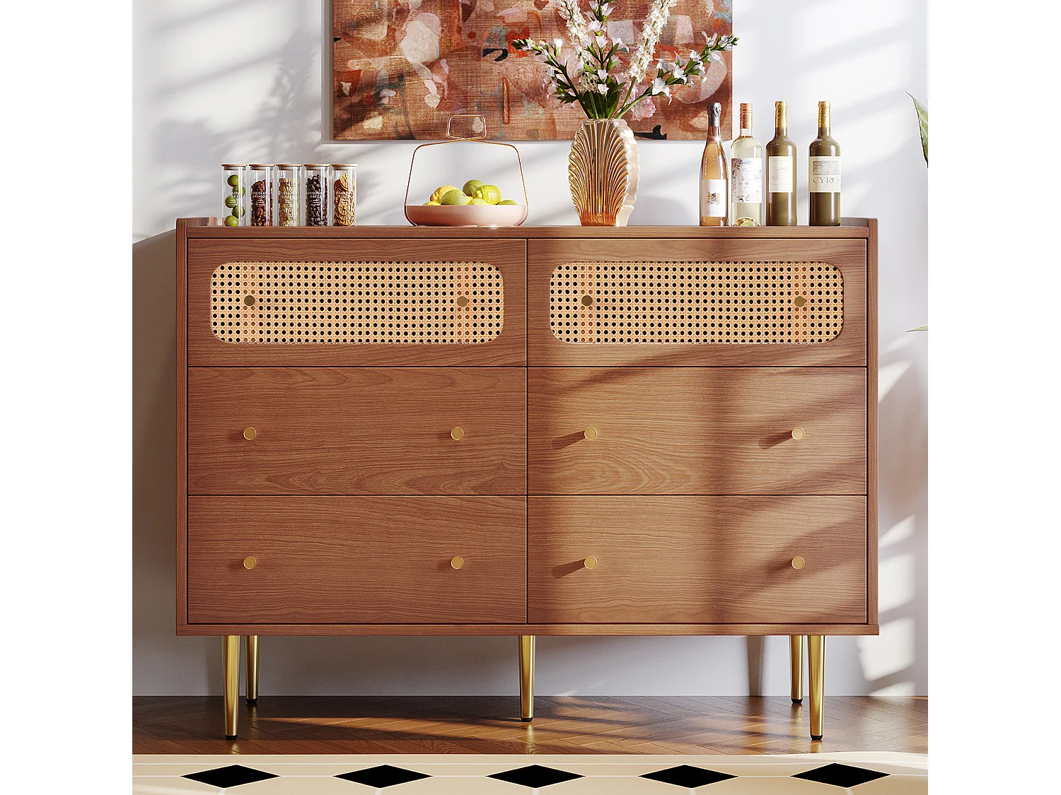 Commode à 6 tiroirs, buffet haut enfilade en rotin pour chambres - naturel - 90x120x40 cm