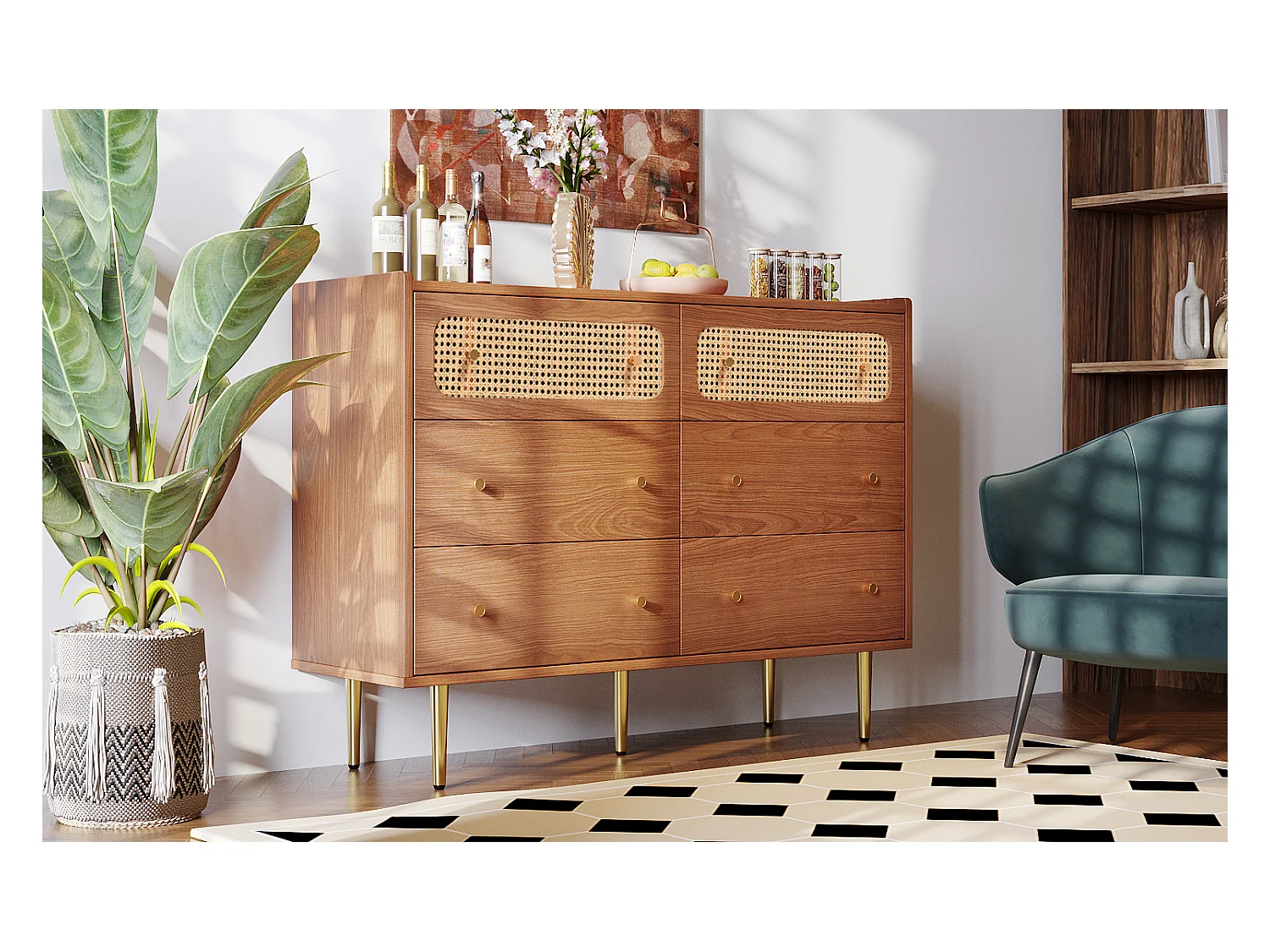 Commode à 6 tiroirs, buffet haut enfilade en rotin pour chambres - naturel - 90x120x40 cm