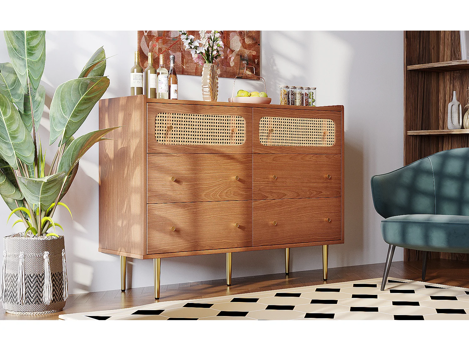 Commode à 6 tiroirs, buffet haut enfilade en rotin pour chambres - naturel - 90x120x40 cm