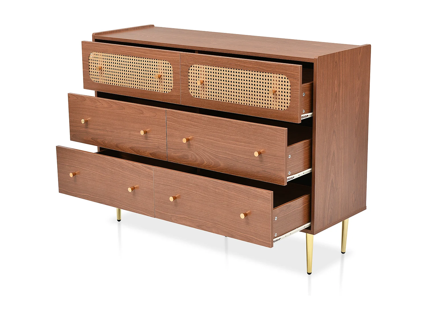 Commode à 6 tiroirs, buffet haut enfilade en rotin pour chambres - naturel - 90x120x40 cm