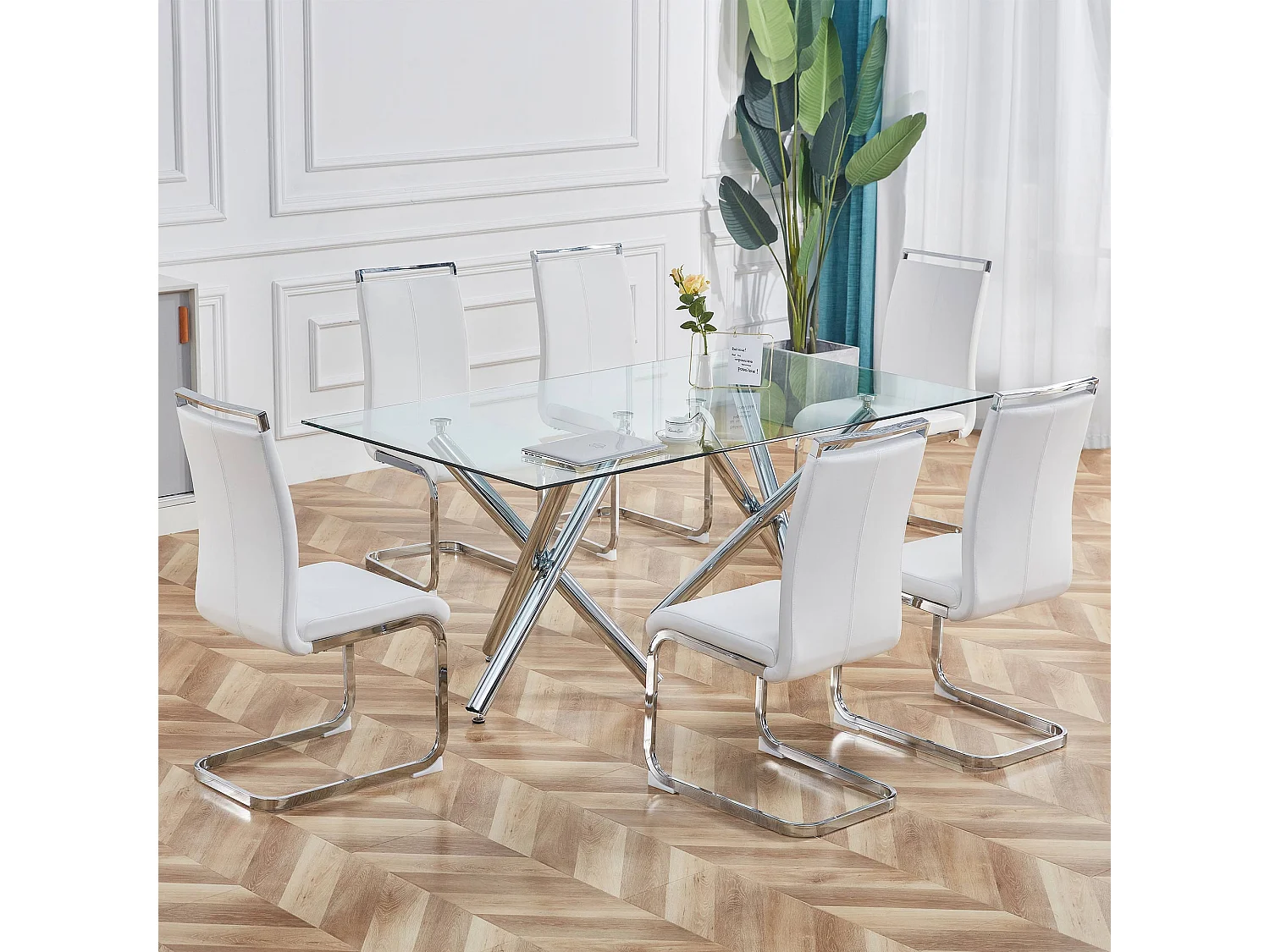 Lot de 4 Chaises cantilever Structure métallique chromée Rembourrage en Simili Cuir - Blanc