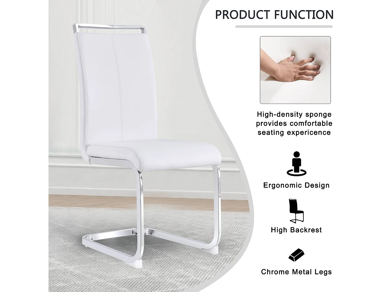 Lot de 4 Chaises cantilever Structure métallique chromée Rembourrage en Simili Cuir - Blanc