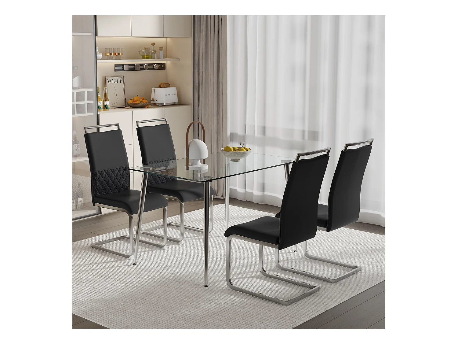 Lot de 4 chaises de salle à manger - Similicuir noir et lin - Dossier rembourré - Pieds argentés
