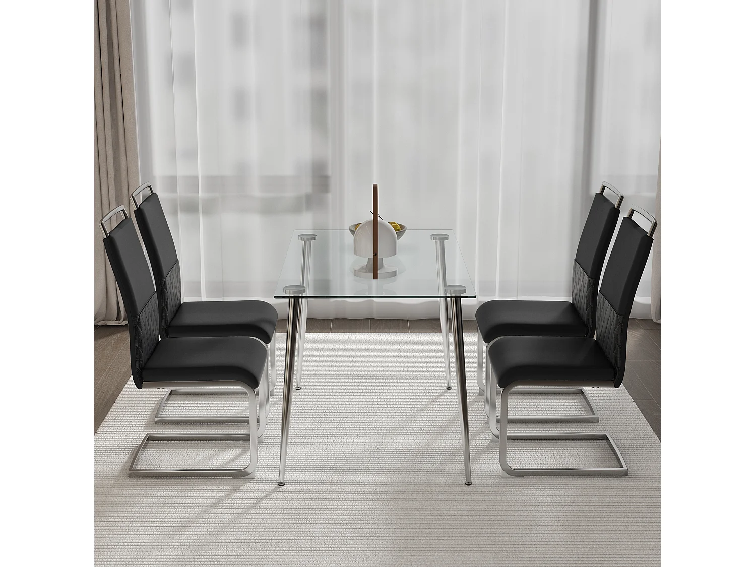 Lot de 4 chaises de salle à manger - Similicuir noir et lin - Dossier rembourré - Pieds argentés