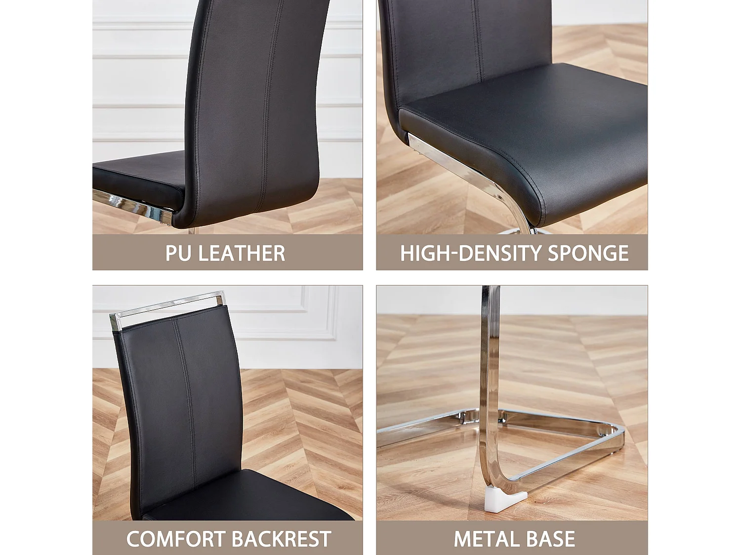 Lot de 4 Chaise cantilever Structure métallique chromée Rembourrage en Simili Cuir - Noir