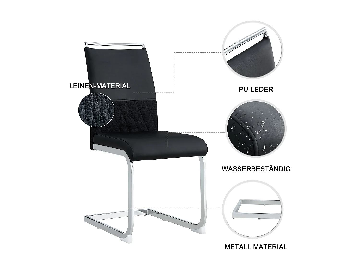Lot de 6 chaises de salle à manger - Similicuir noir et lin - Dossier rembourré - Pieds argentés
