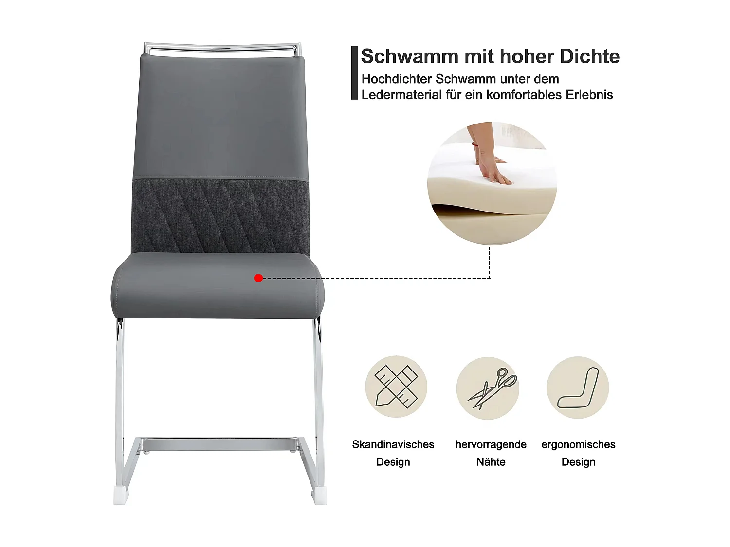 Lot de 6 chaises de salle à manger - Similicuir gris et lin - Dossier rembourré - Pieds argentés