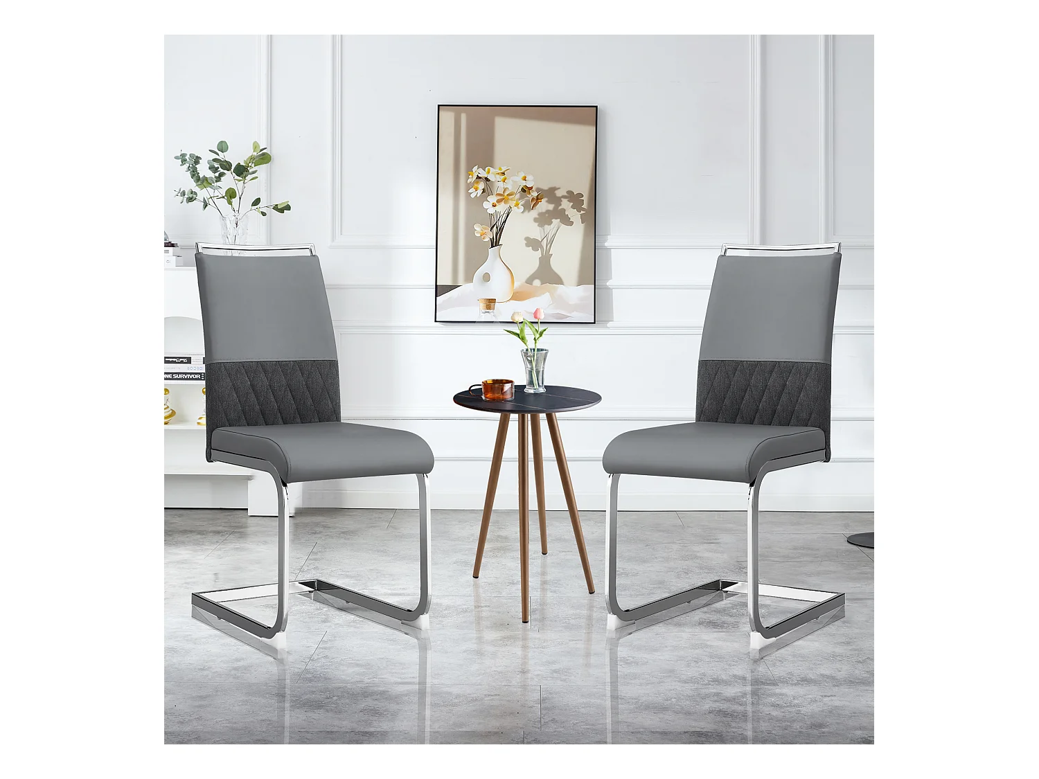 Lot de 6 chaises de salle à manger - Similicuir gris et lin - Dossier rembourré - Pieds argentés