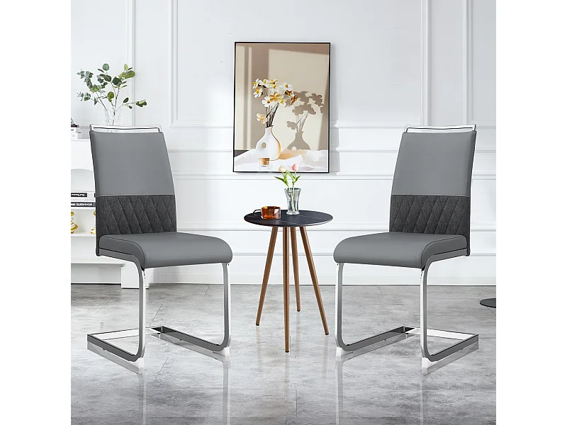 Lot de 6 chaises de salle à manger - Similicuir gris et lin - Dossier rembourré - Pieds argentés