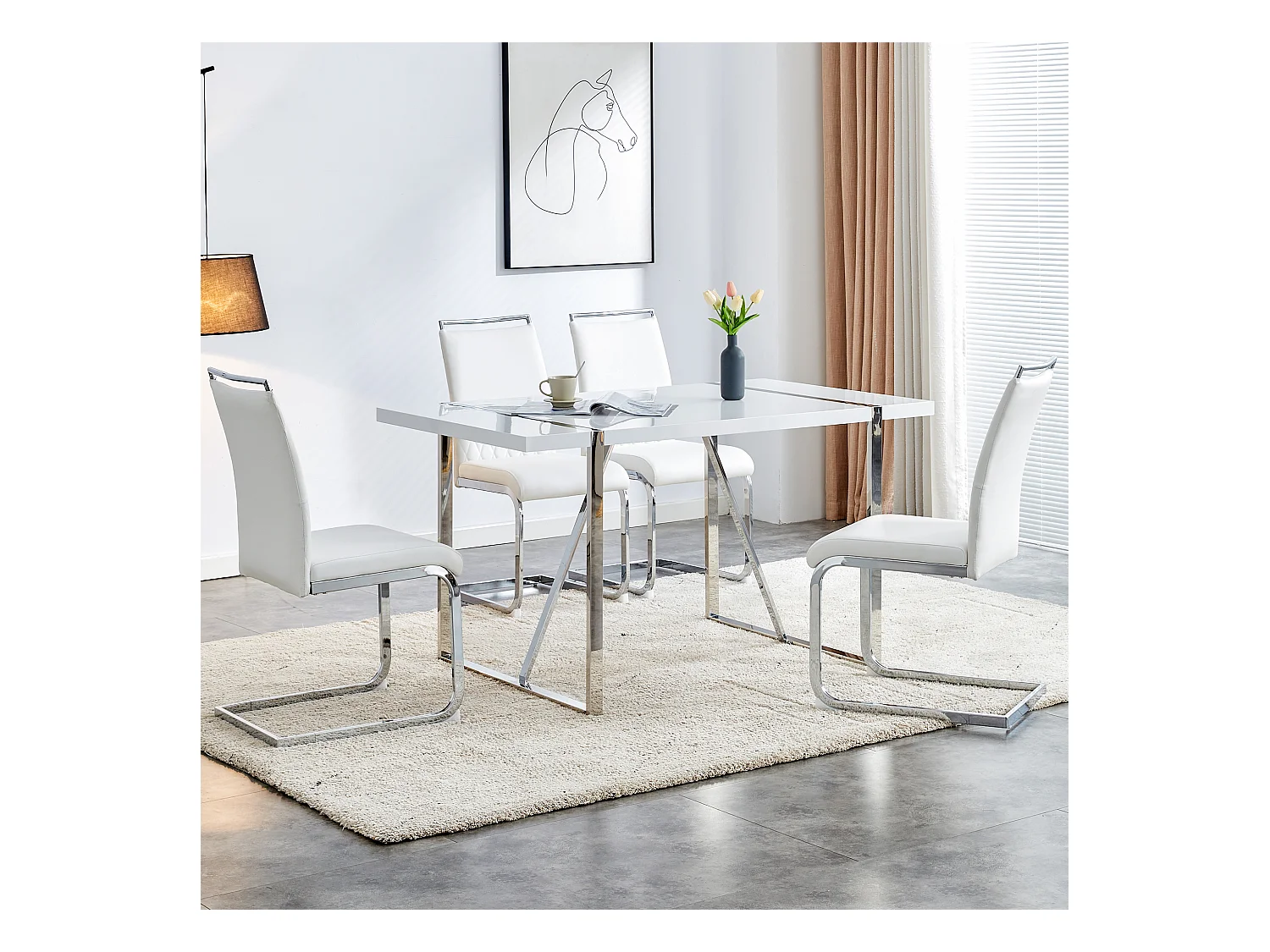 Lot de 4 chaises de salle à manger - Similicuir blanc et lin - Dossier rembourré - Pieds argentés