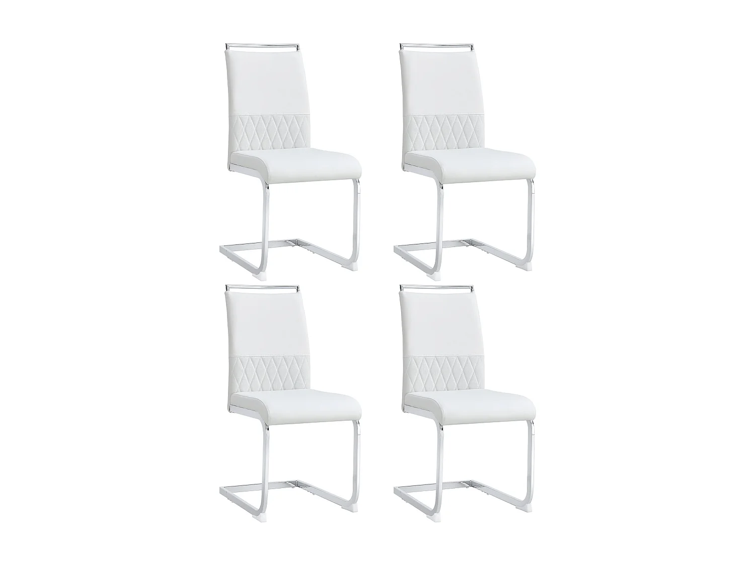 Lot de 4 chaises de salle à manger - Similicuir blanc et lin - Dossier rembourré - Pieds argentés