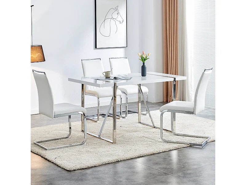 Set van 4 eetkamerstoelen - Wit kunstleer en linnen - Gestoffeerde rugleuning - Zilveren poten