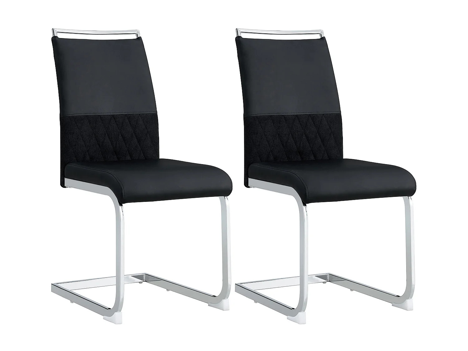 Lot de 2 chaises de salle à manger - Similicuir noir et lin - Dossier rembourré - Pieds argentés