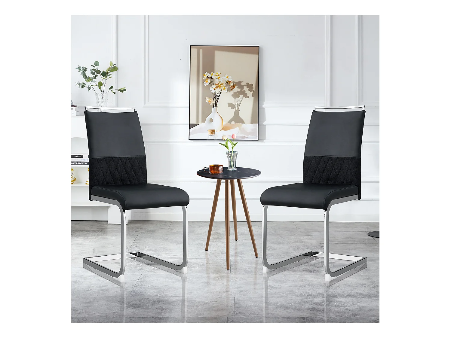 Lot de 2 chaises de salle à manger - Similicuir noir et lin - Dossier rembourré - Pieds argentés