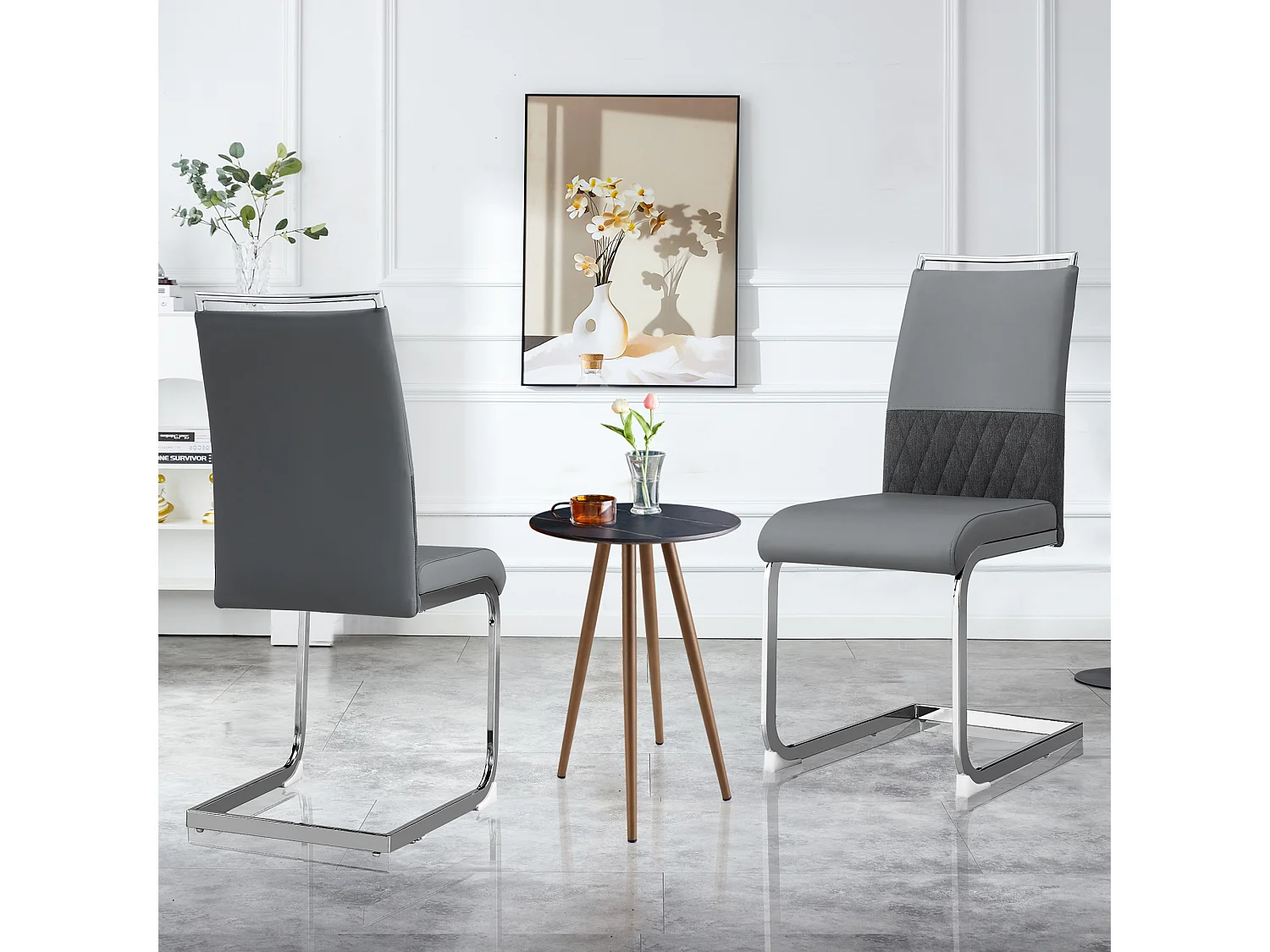 Lot de 2 chaises de salle à manger - Similicuir gris et lin - Dossier rembourré - Pieds argentés