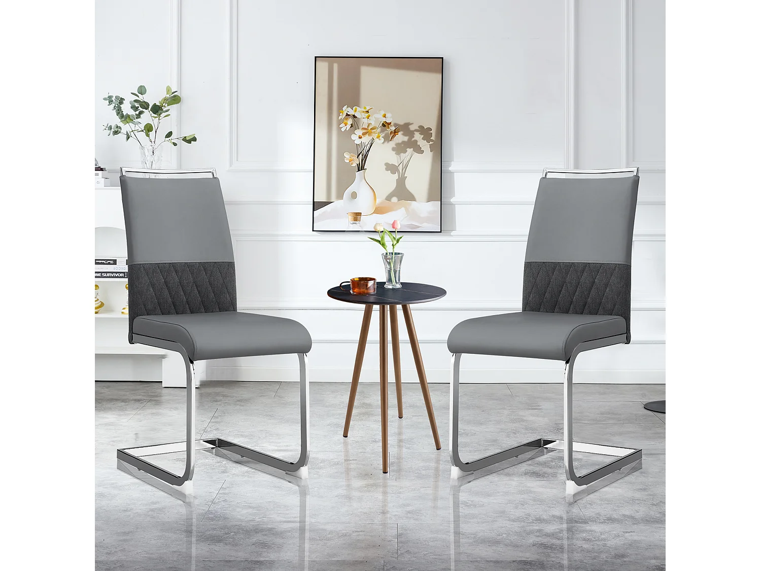 Lot de 2 chaises de salle à manger - Similicuir gris et lin - Dossier rembourré - Pieds argentés