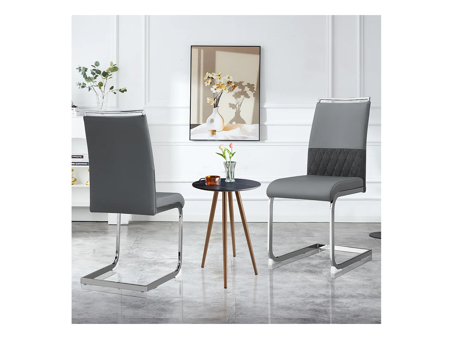 Lot de 2 chaises de salle à manger - Similicuir gris et lin - Dossier rembourré - Pieds argentés