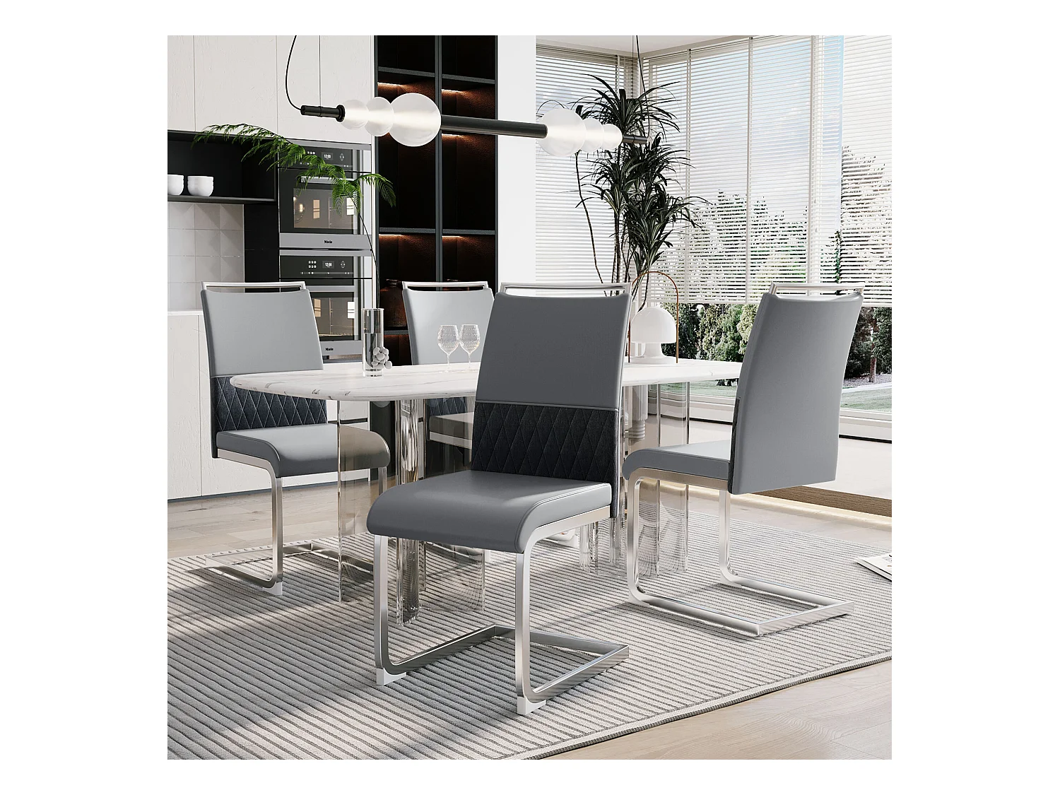 Lot de 4 chaises de salle à manger - Similicuir gris et lin - Dossier rembourré - Pieds argentés