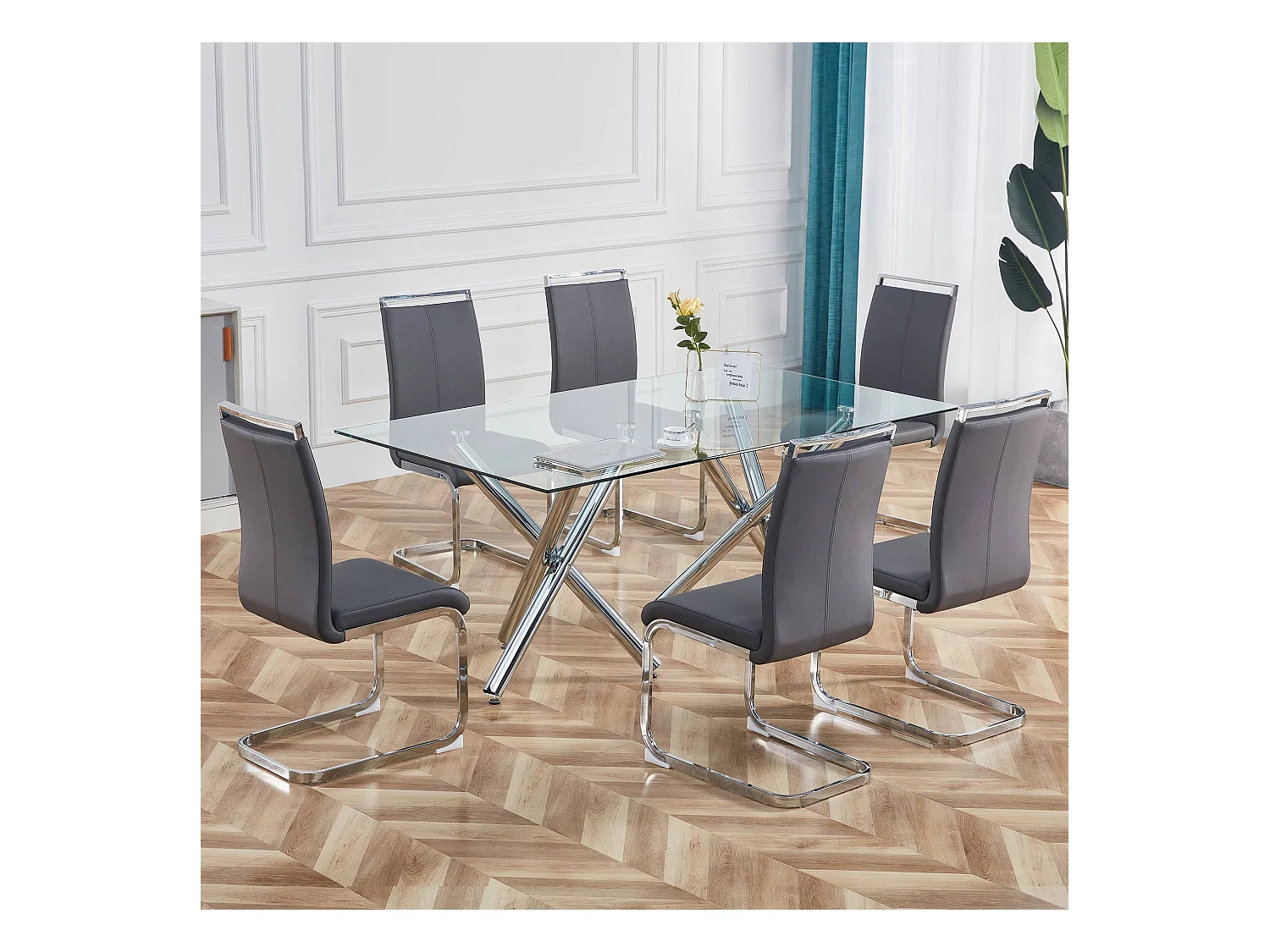 Lot de 4 Chaise cantilever Structure métallique chromée Rembourrage en Simili Cuir - Gris