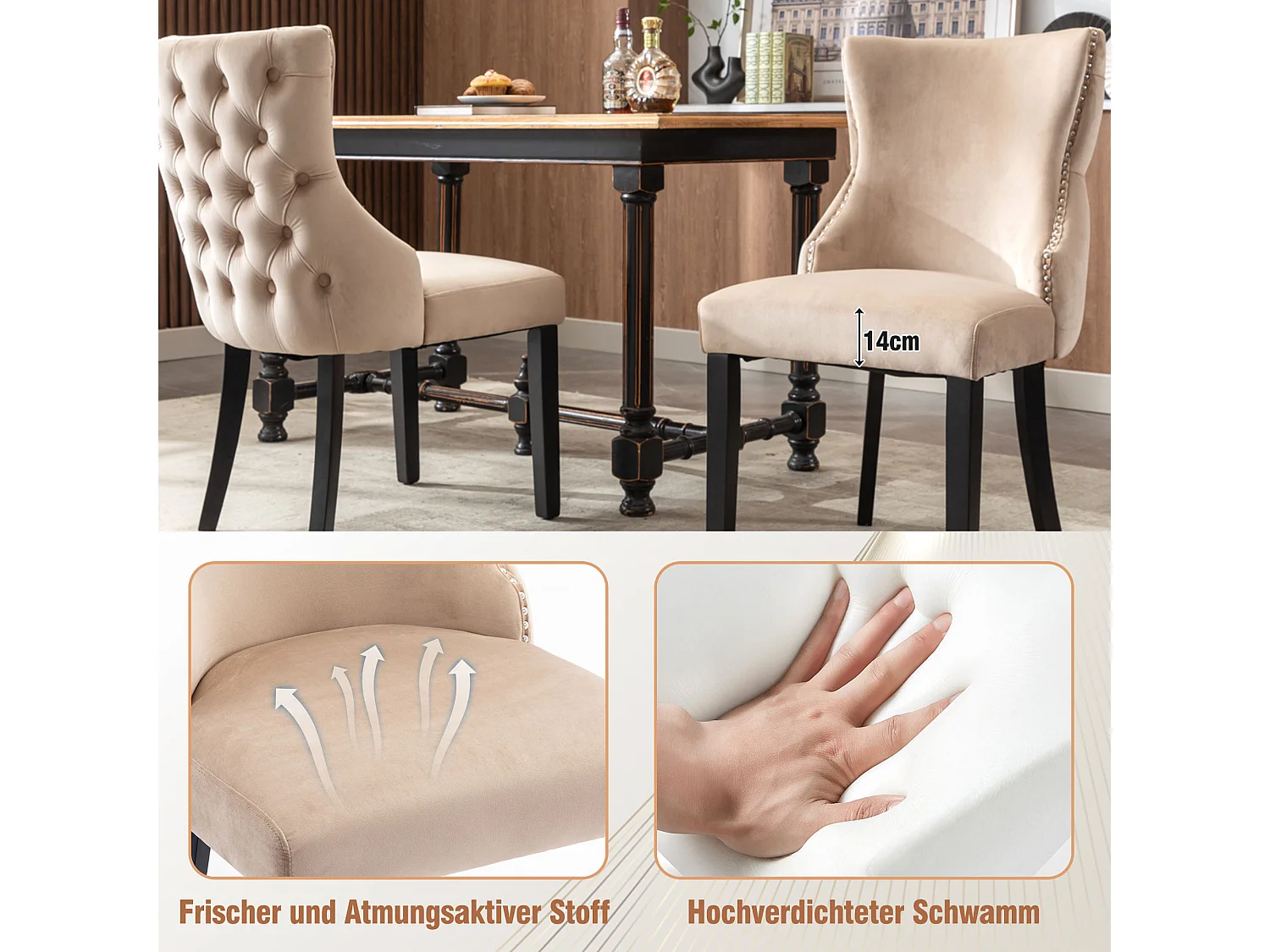 Lot de 6 chaise de salle à manger avec matelassage à boutons - tissu en velours Beige