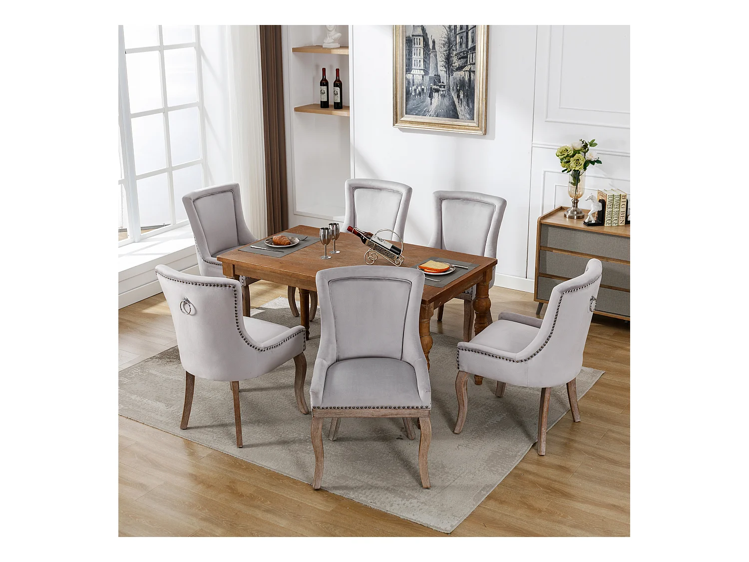 Lot de 6 Chaise de salle à manger Rembourrée avec garniture cloutée et pieds en bois - Gris