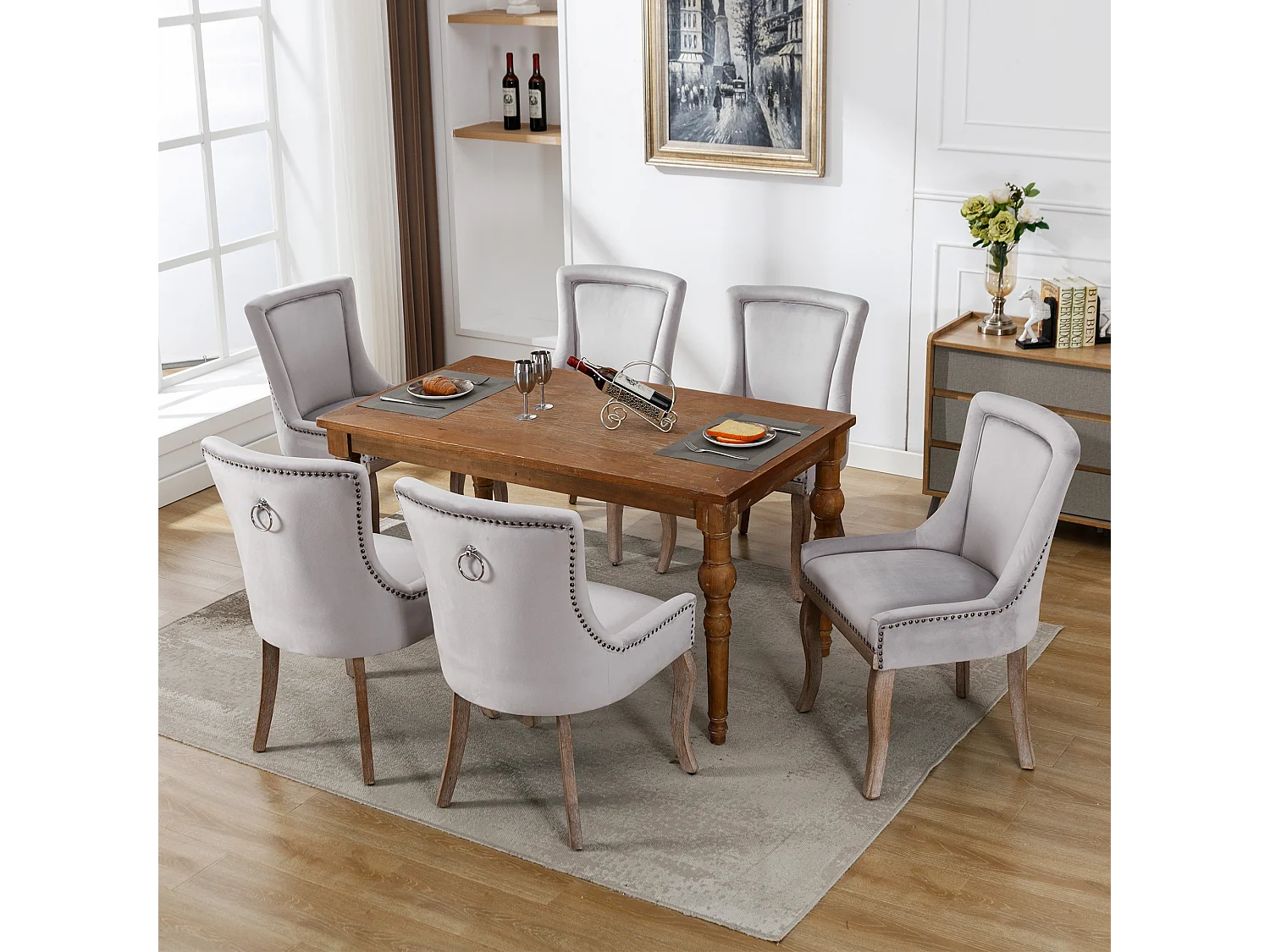 Lot de 6 Chaise de salle à manger Rembourrée avec garniture cloutée et pieds en bois - Gris