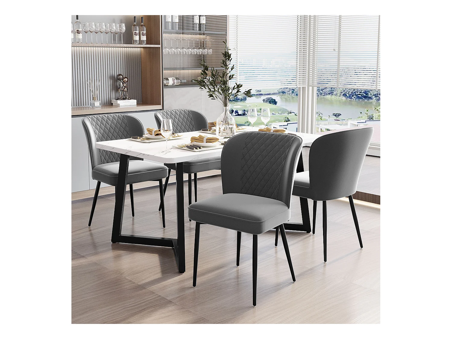 Lot de 4 chaises de salle à manger avec dossier rembourré et pieds en métal - velours gris foncé