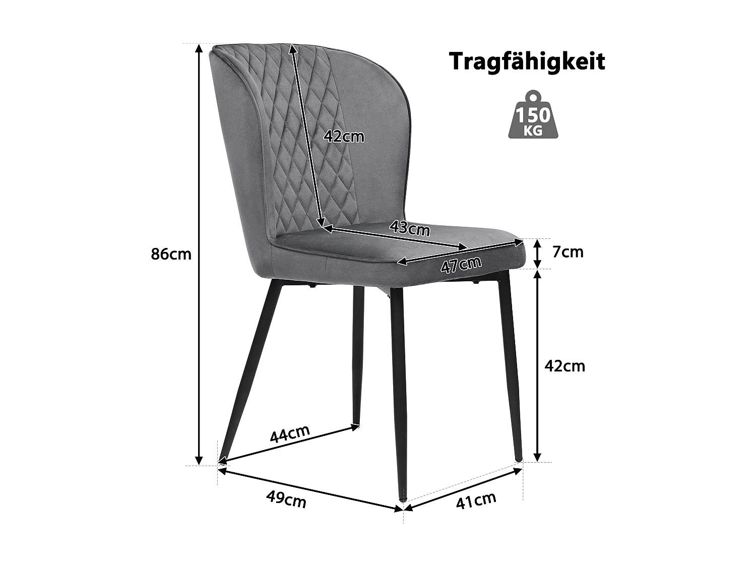 Lot de 4 chaises de salle à manger avec dossier rembourré et pieds en métal - velours gris foncé