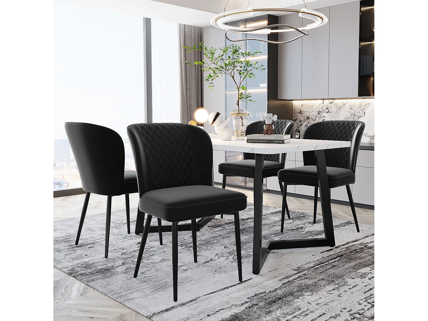 Lot de 4 Chaise de salle à manger avec dossier rembourré et pieds en métal - velours noir