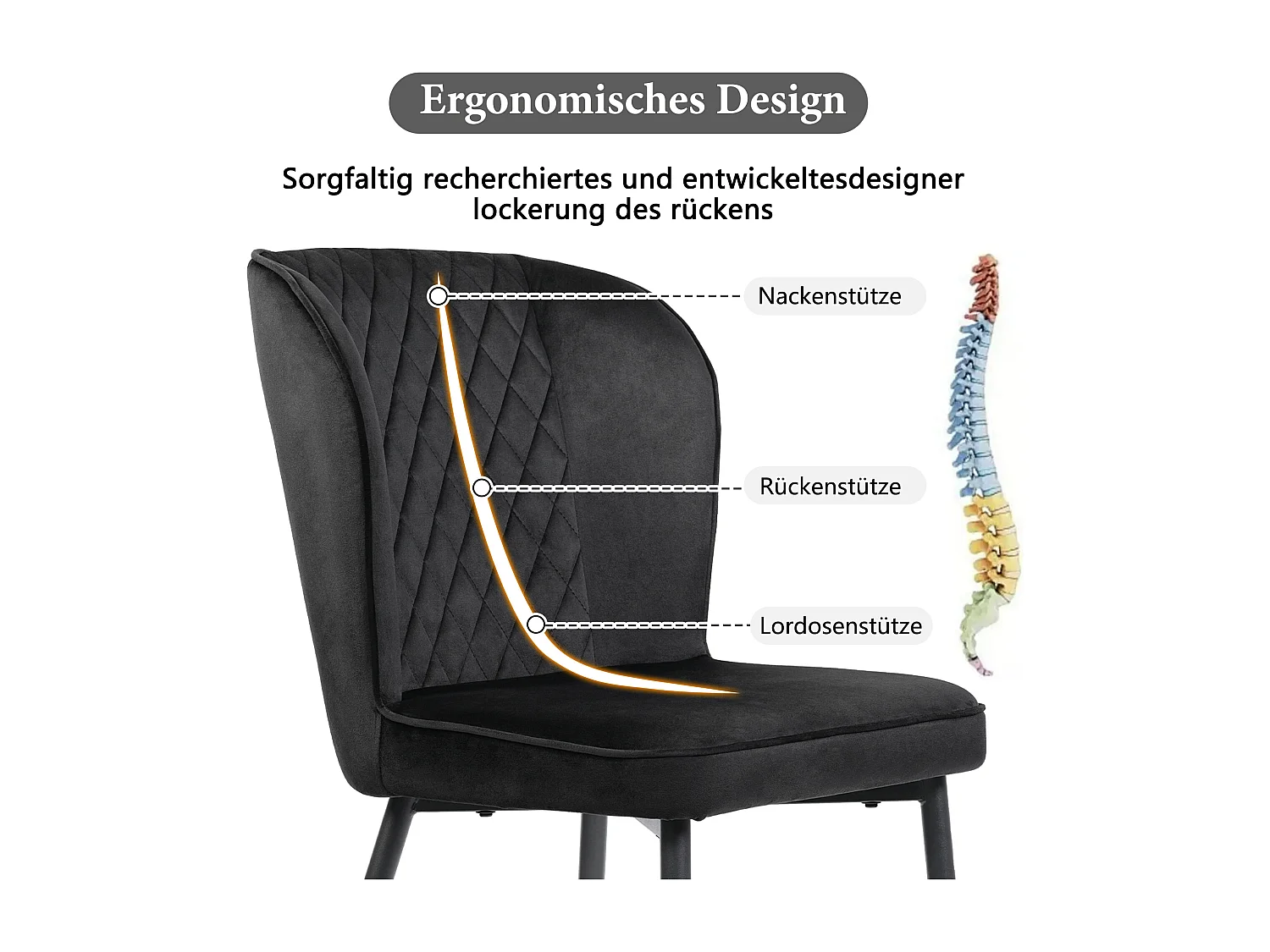 4er-Set Esszimmerstühle – schwarzer Samt – Polsterstuhl mit Rückenlehne – Metallgestell