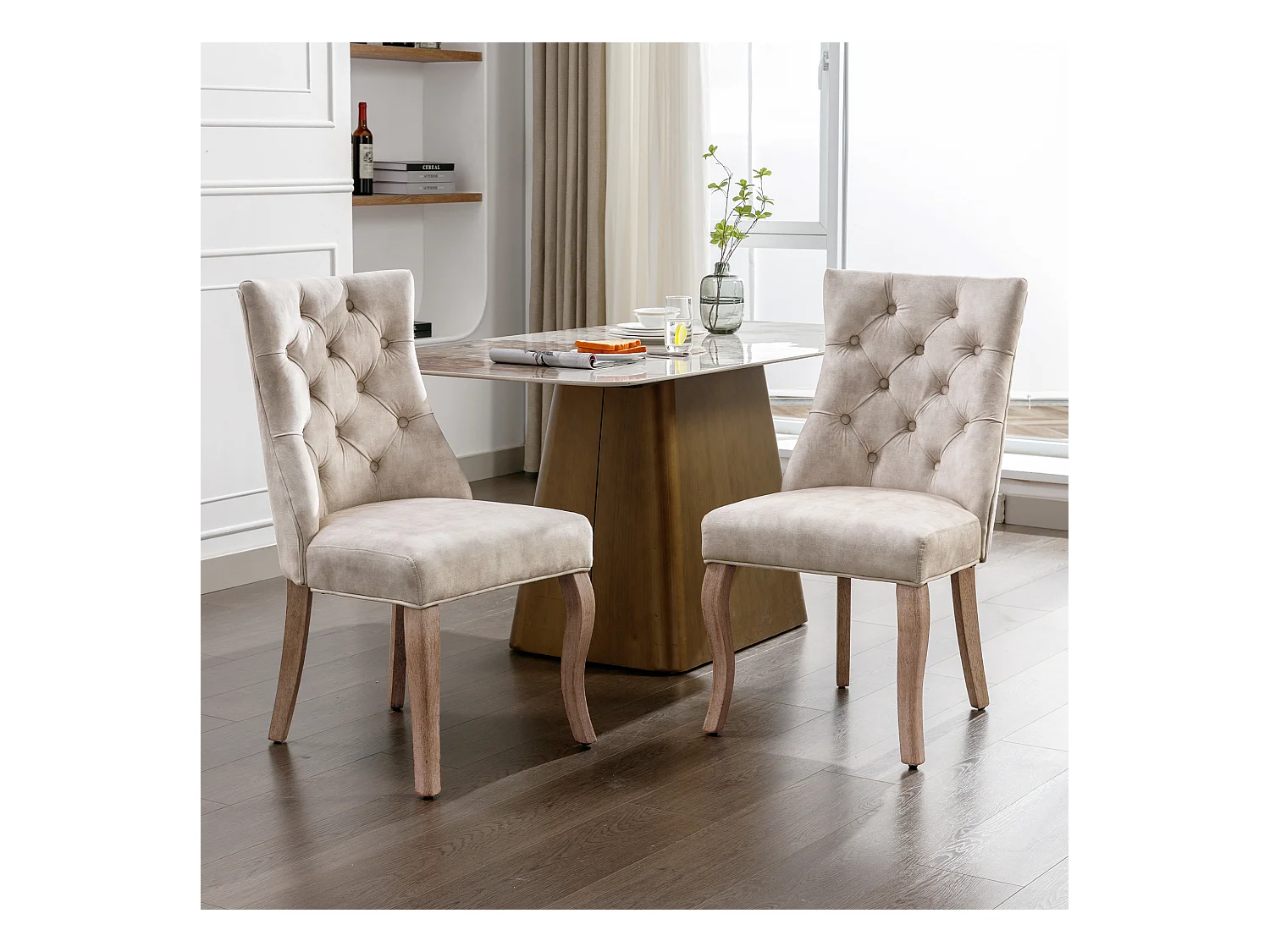 Lot de 2 chaises de salle à manger - velours beige clair - dossier rembourré - décoration boutons - pieds en bois
