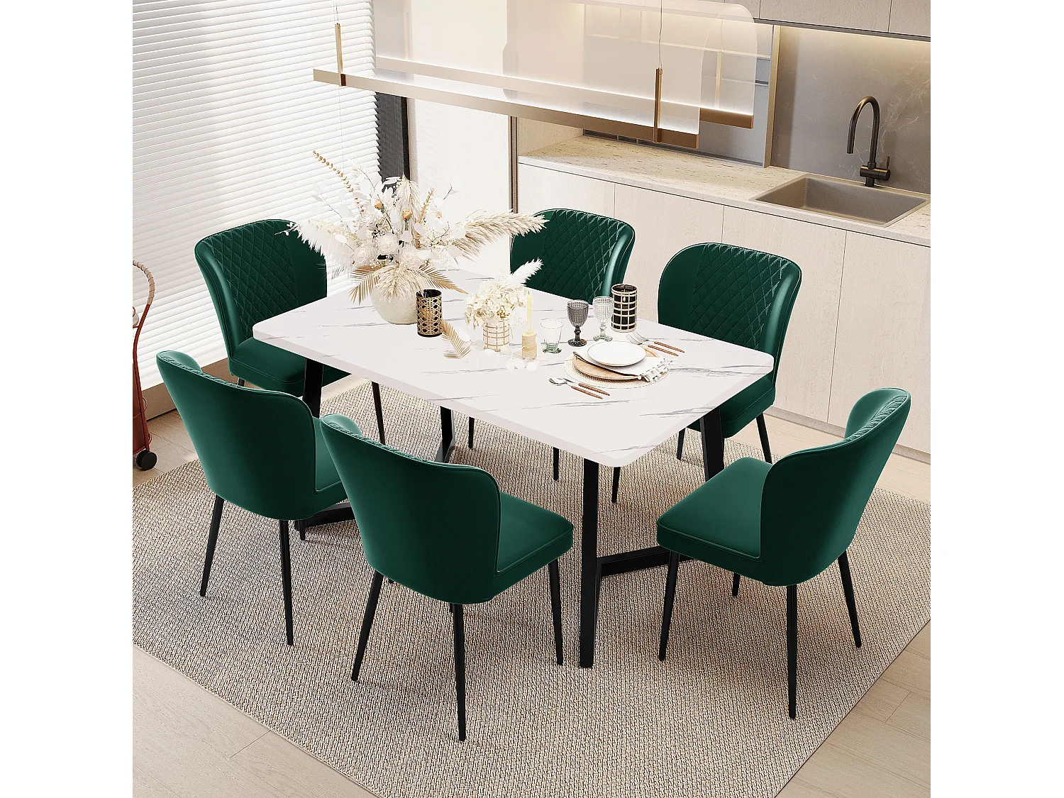 Lot de 6 Chaise de salle à manger Design rembourré Structure Métallique - Vert Foncé