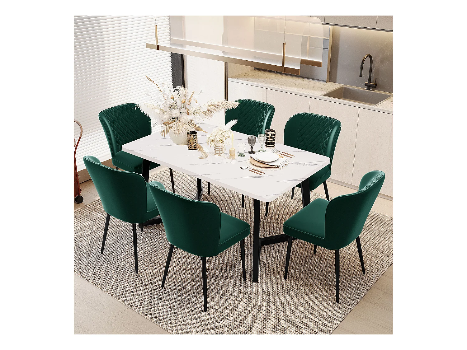 Lot de 6 Chaise de salle à manger Design rembourré Structure Métallique - Vert Foncé