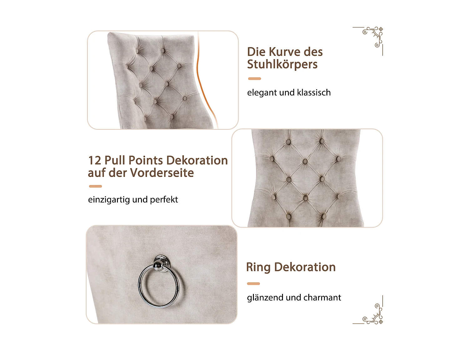 Lot de 6 chaises de salle à manger - velours beige clair - dossier rembourré - décoration boutons - pieds en bois