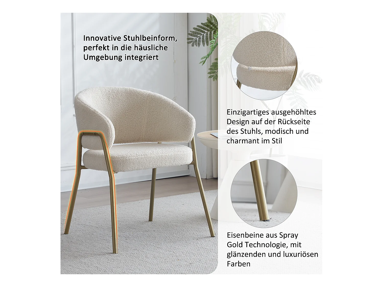 Lot de 2 Chaises de salle à manger en Velours d'agneau - Blanc et Doré