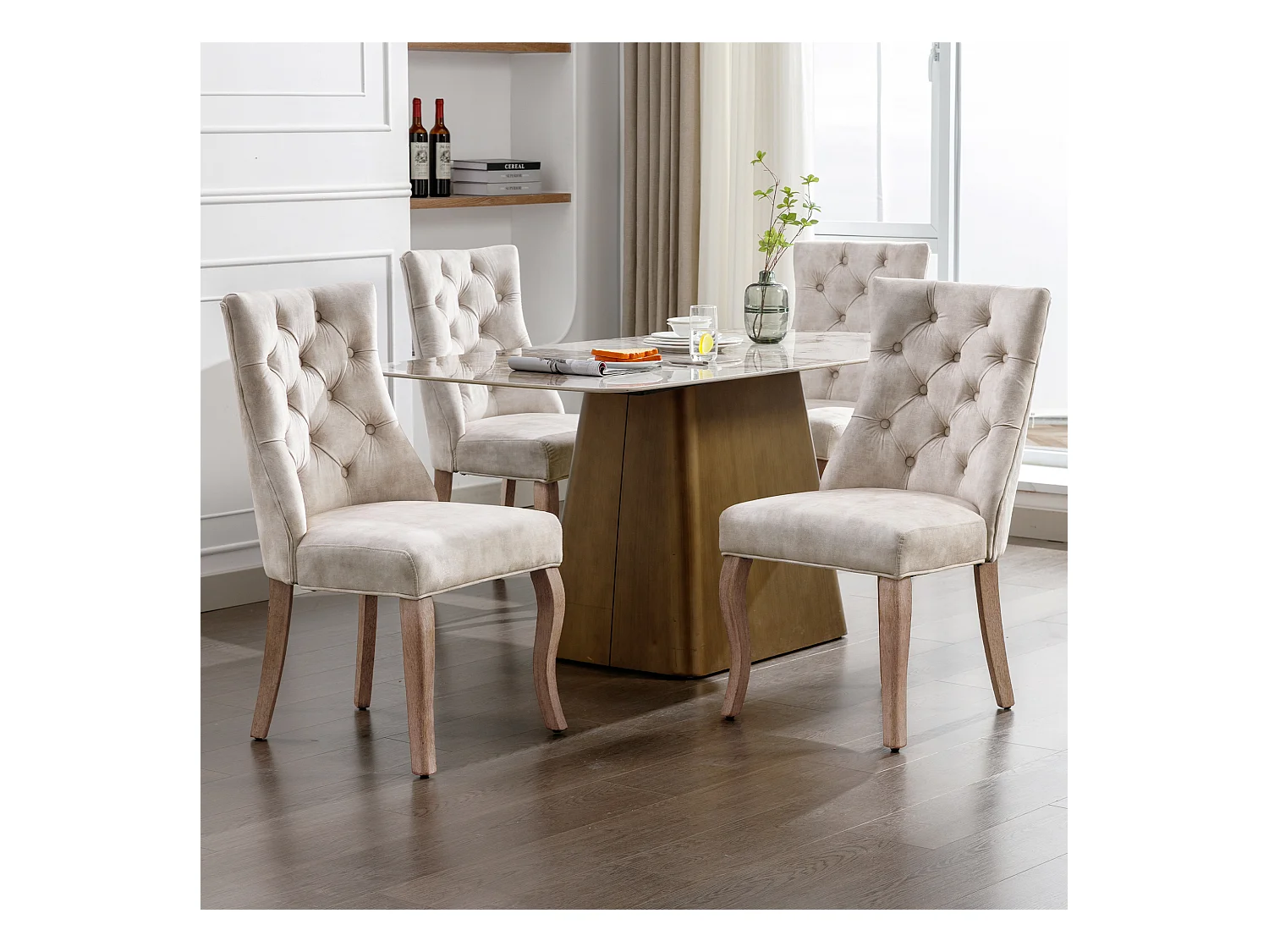 Lot de 4 chaises de salle à manger - velours beige clair - dossier rembourré - décoration boutons - pieds en bois