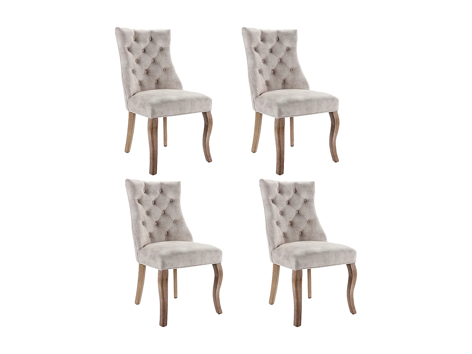 Lot de 4 chaises de salle à manger - velours beige clair - dossier rembourré - décoration boutons - pieds en bois