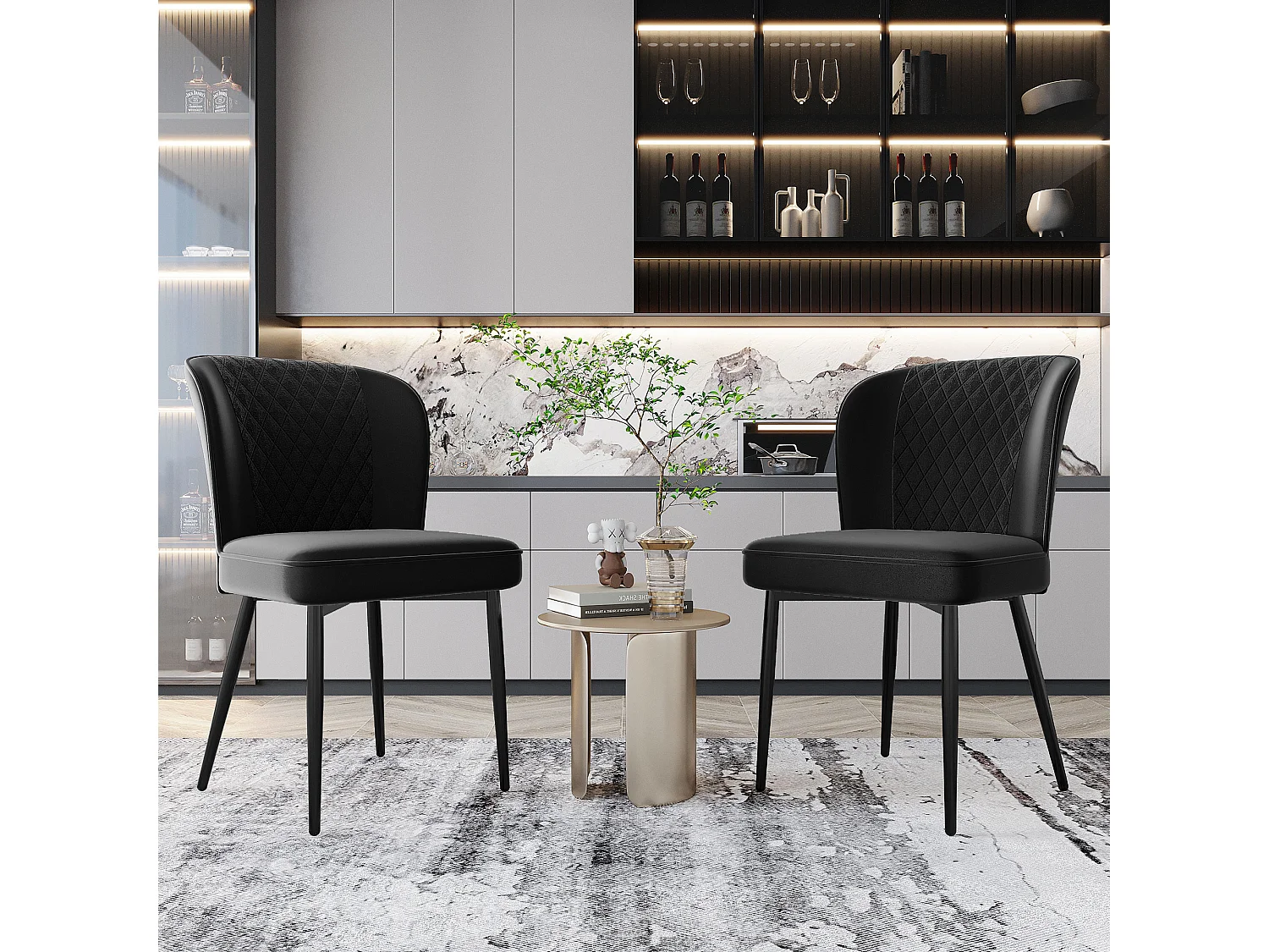 Lot de 2 Chaise de salle à manger avec dossier rembourré et pieds en métal - velours noir