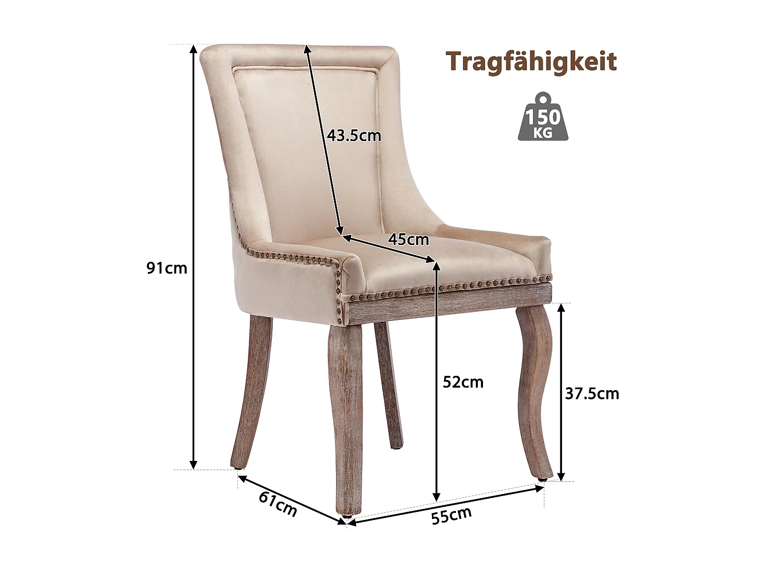 Lot de 2 Chaise de salle à manger Rembourrée avec garniture cloutée et pieds en bois - Beige