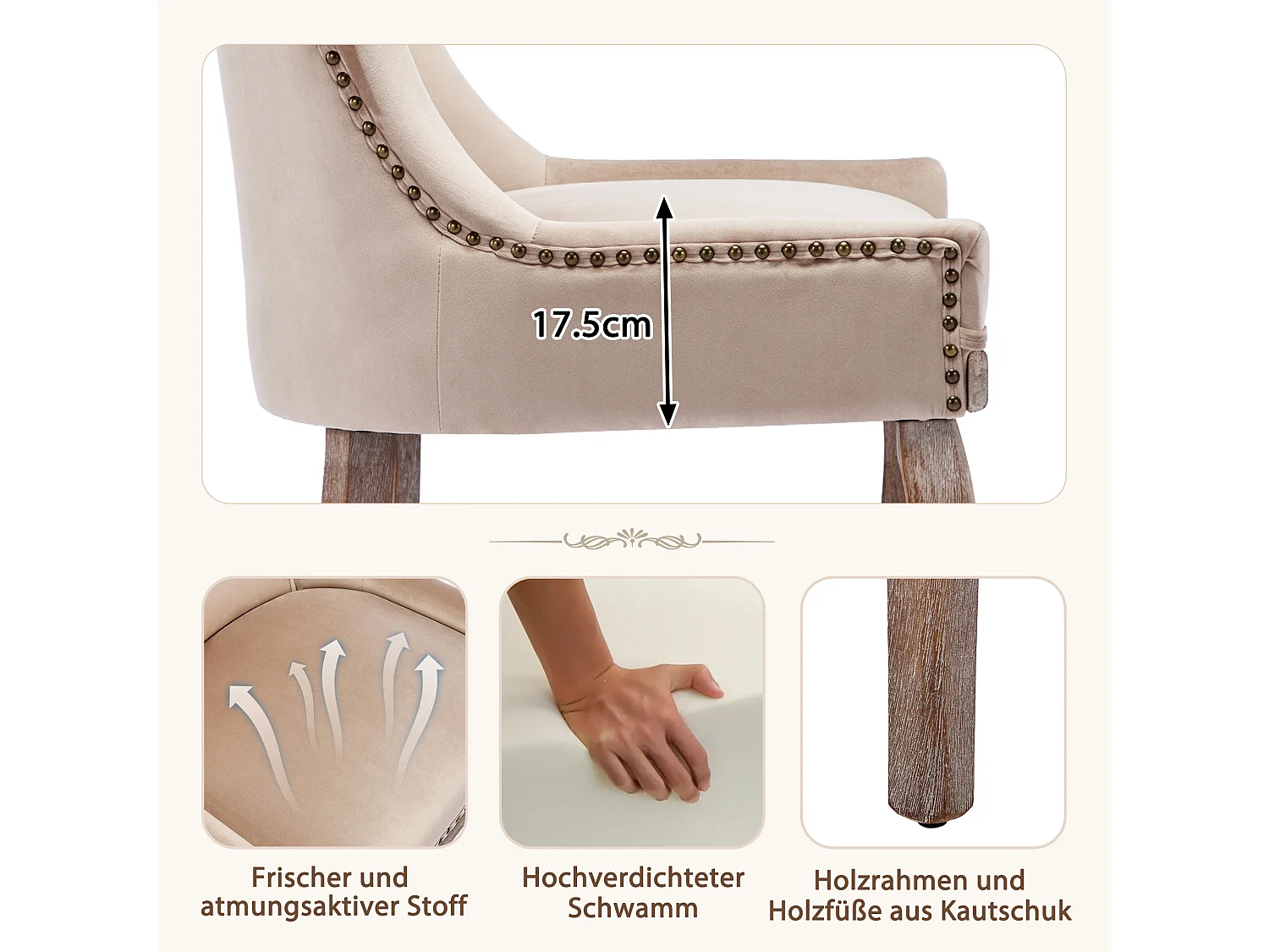 Lot de 2 Chaise de salle à manger Rembourrée avec garniture cloutée et pieds en bois - Beige