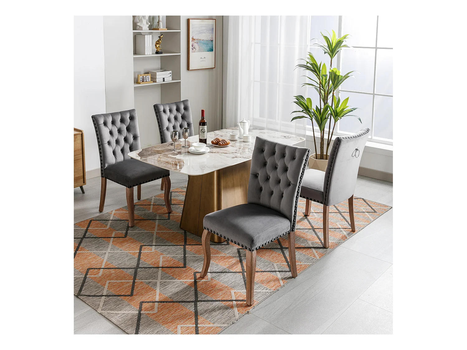 Lot de 4 Chaise de salle à manger Rembourrée avec garniture tête de clou et Pieds en bois - Gris foncé