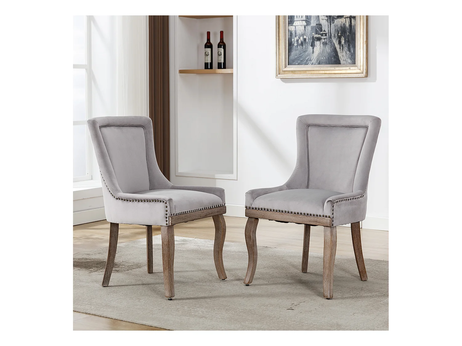 Lot de 2 Chaise de salle à manger Rembourrée avec garniture cloutée et pieds en bois - Gris