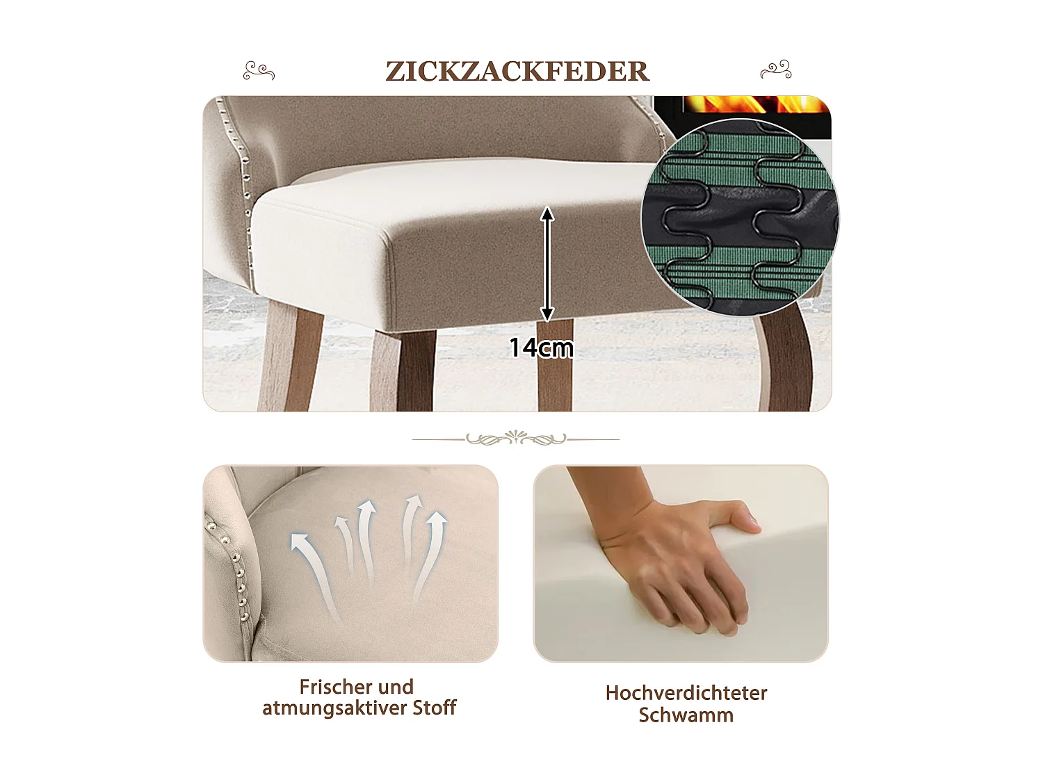 Lot de 2 chaise de salle à manger avec matelassage à boutons - tissu en velours Beige