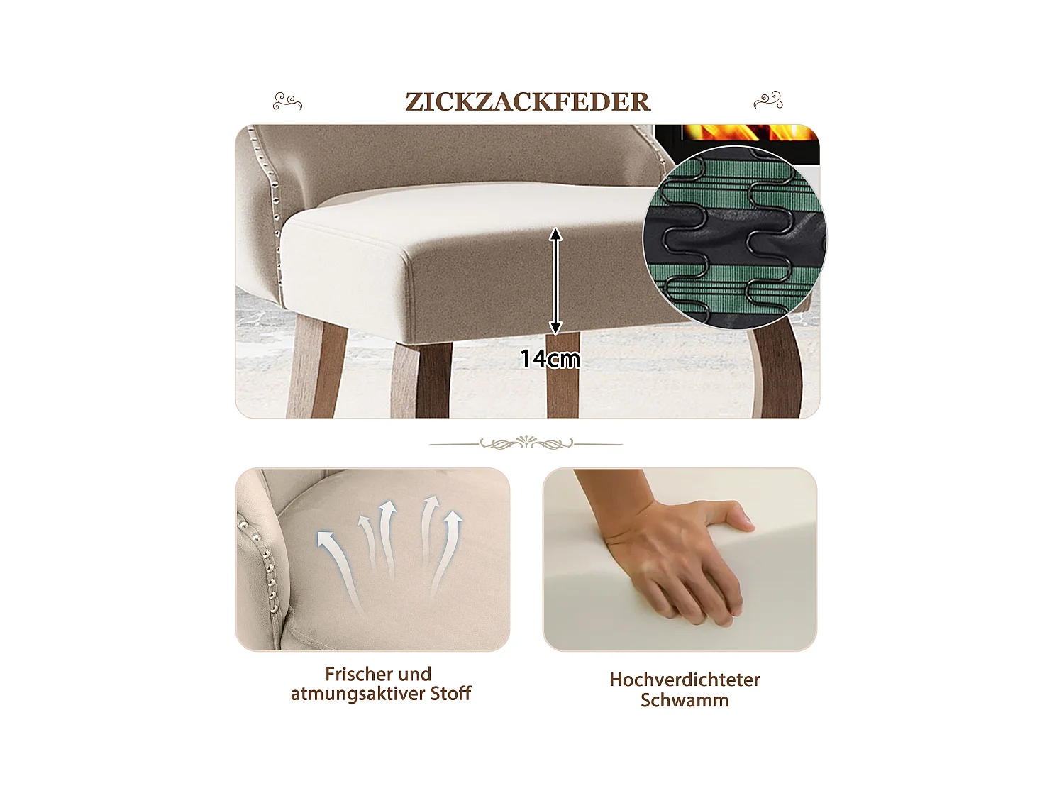 Set van 2 eetkamerstoelen - beige fluweel - gestoffeerde stoel met knoopdecoratie - houten poten